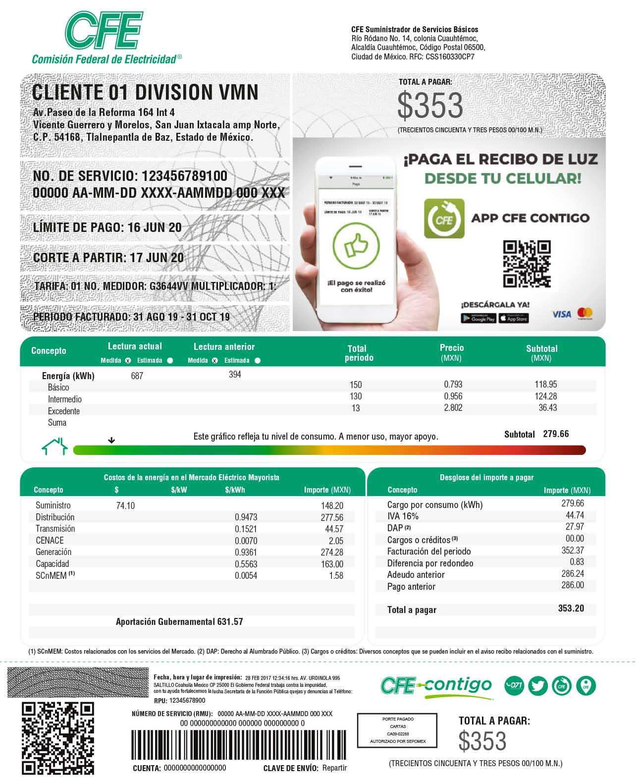 Frente del ejemplo oficial de CFE. Tarifa 01, periodo 31 de agosto a 31 de octubre de 2019, lecturas 687 y 394, consumo de 293 kWh. Importes históricos.