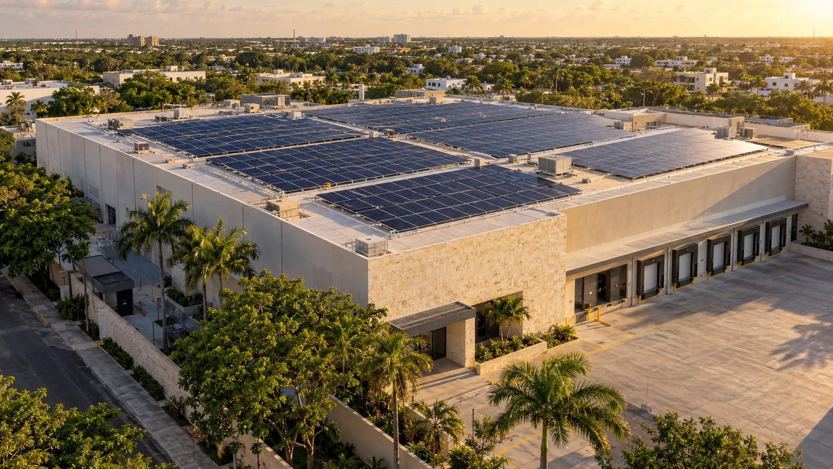 Escena ilustrativa de paneles solares sobre un inmueble comercial