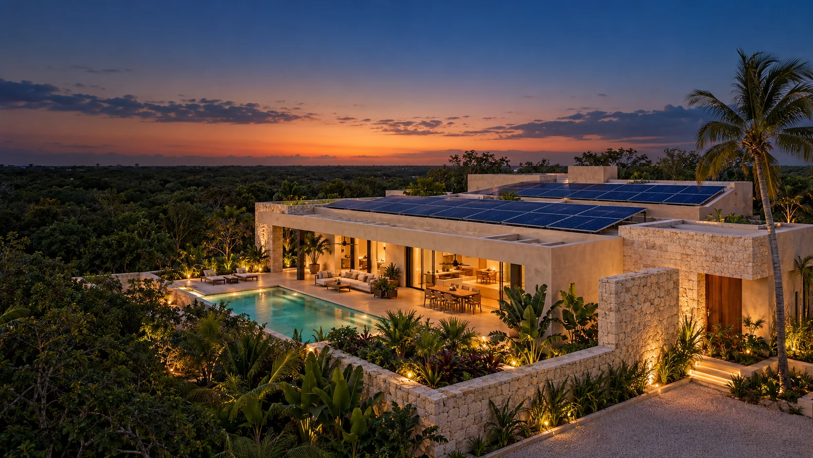 Visualización ilustrativa de una residencia con paneles solares en su azotea